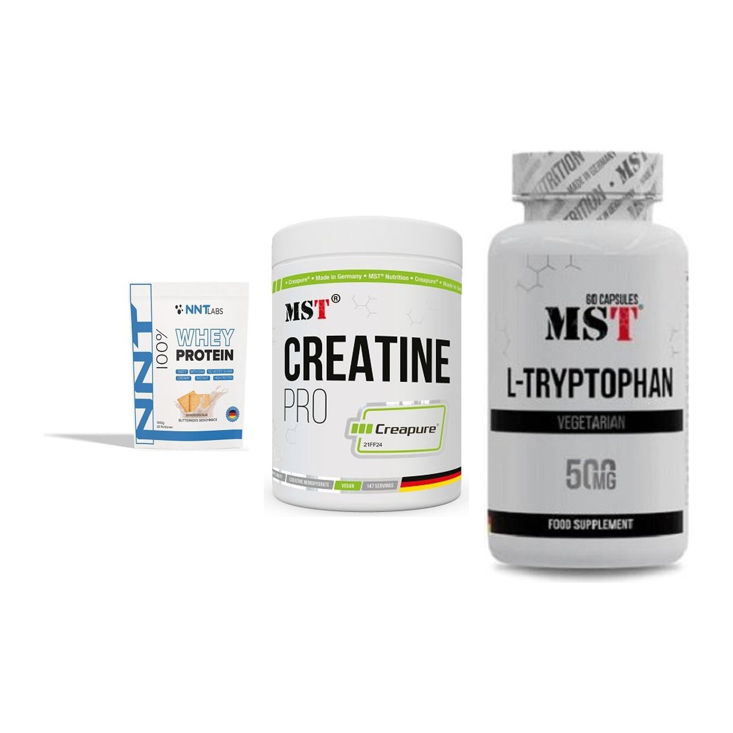 Einsteiger-Set: NNT Whey + MST Creatin Pro + MST Tryptophan – alle enthaltenen Artikel