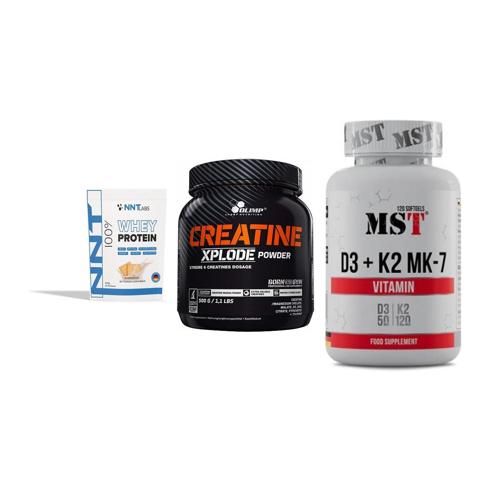 Einsteiger-Set: NNT Whey + Olimp Creatine + MST Vitamin D3 – alle enthaltenen Artikel