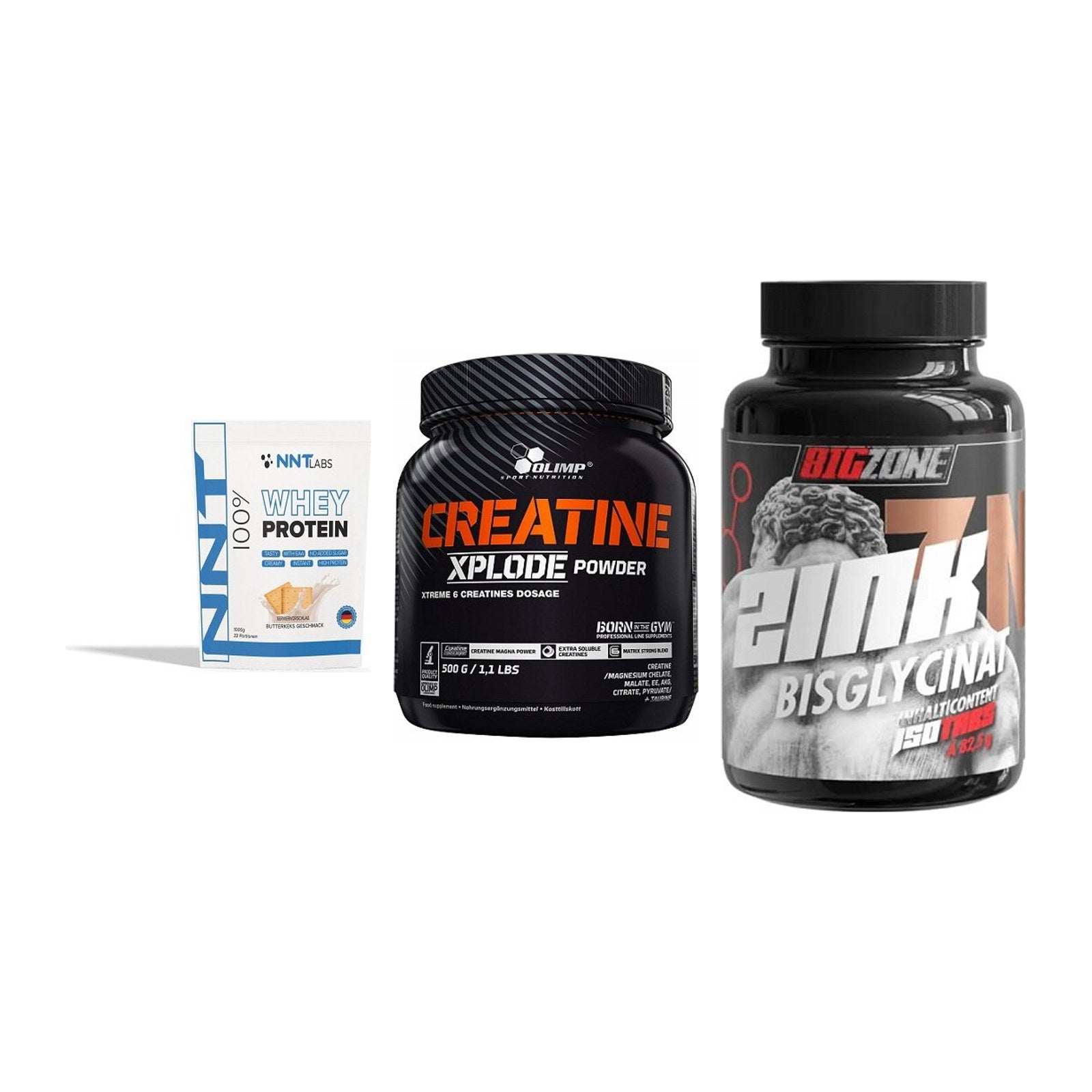 Einsteiger-Set: NNT Whey + Olimp Creatine + Big Zone Zink – alle enthaltenen Artikel