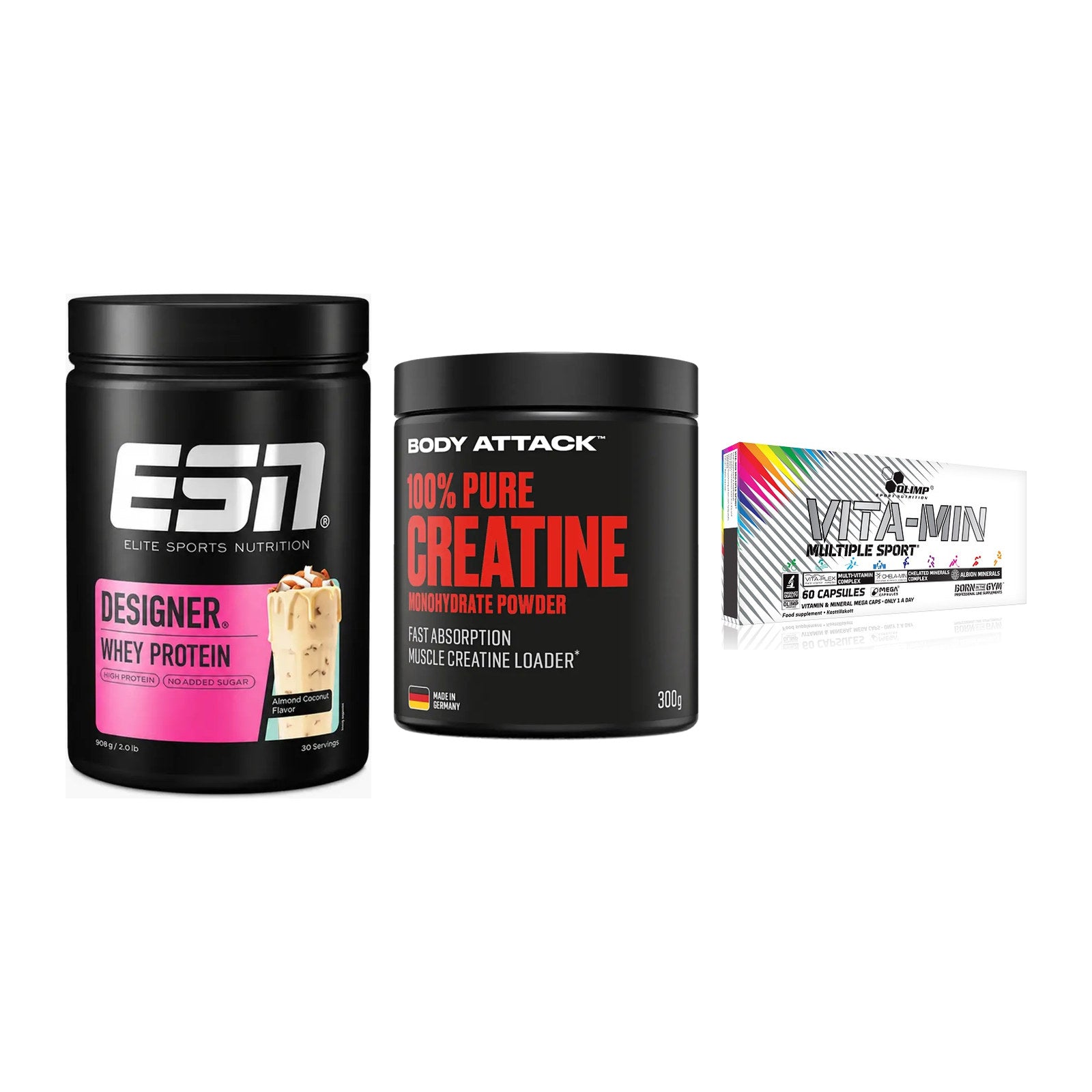 Einsteiger-Set: ESN Designer + Body Attack 100% + Olimp Vita-Min – alle enthaltenen Artikel