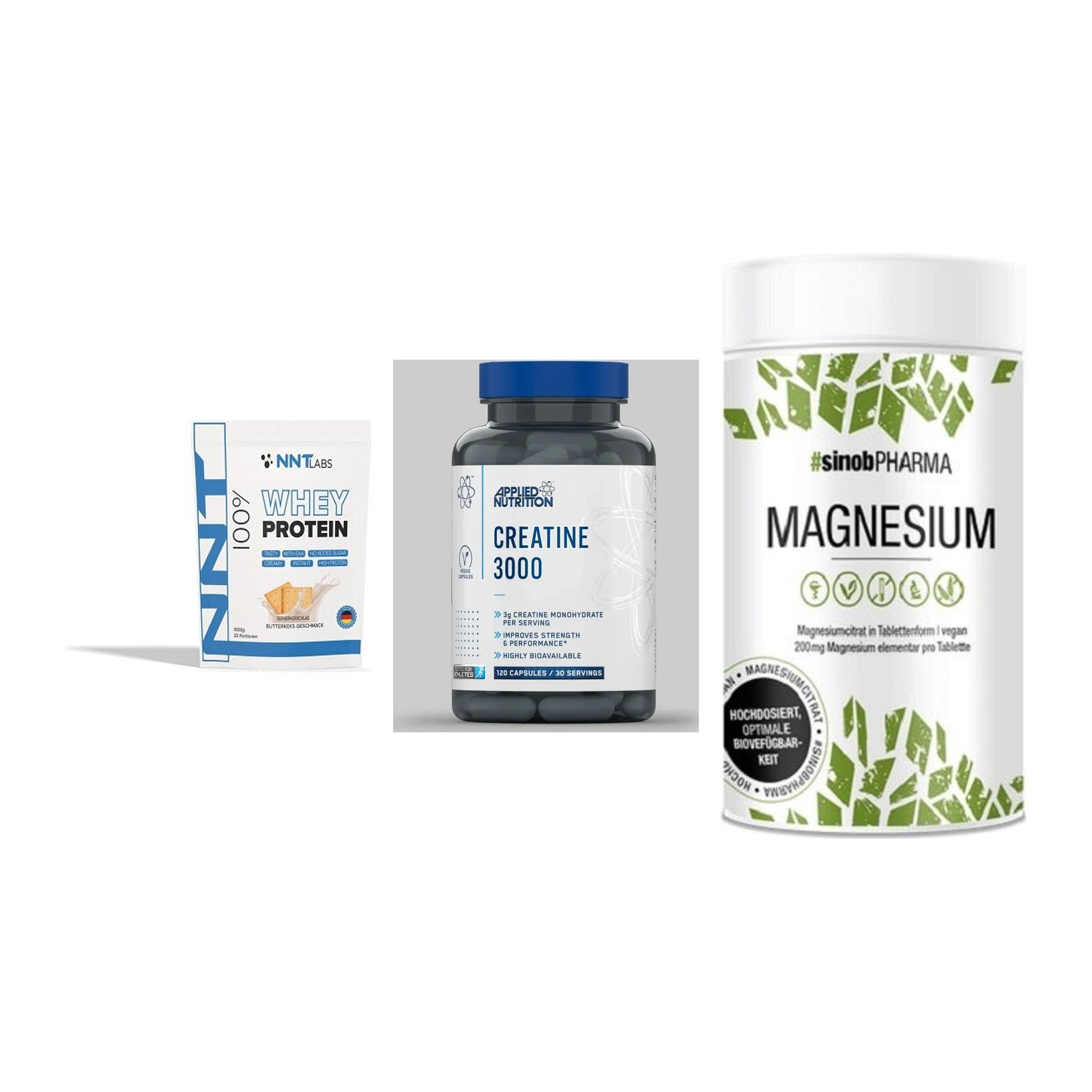 Einsteiger-Set: NNT Whey + Applied Nutritio + Sinob Magnesium – alle enthaltenen Artikel