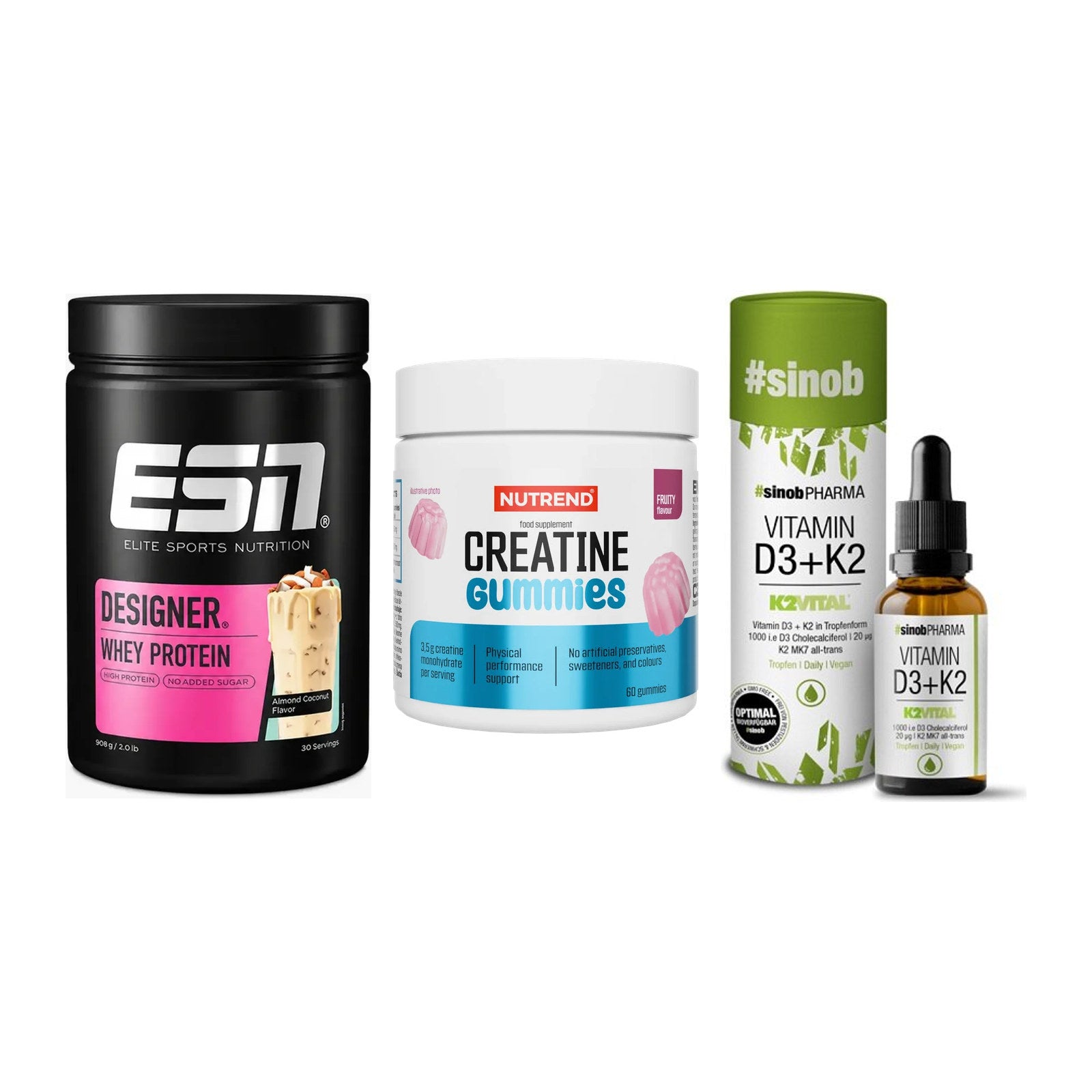 Einsteiger-Set: ESN Designer + Nutrend Creatine + Sinob Vitamin D3 – alle enthaltenen Artikel