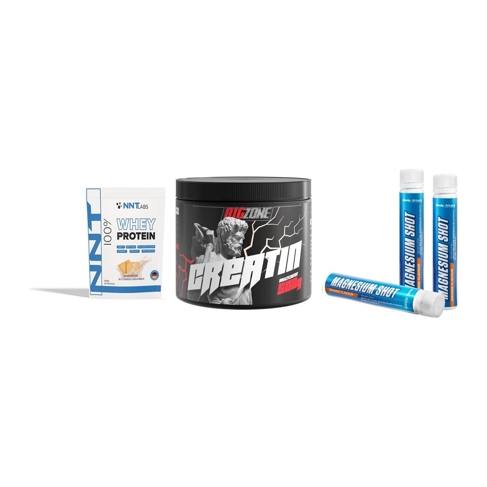 Einsteiger-Set: NNT Whey + Big Zone Creatin + Body Attack – alle enthaltenen Artikel