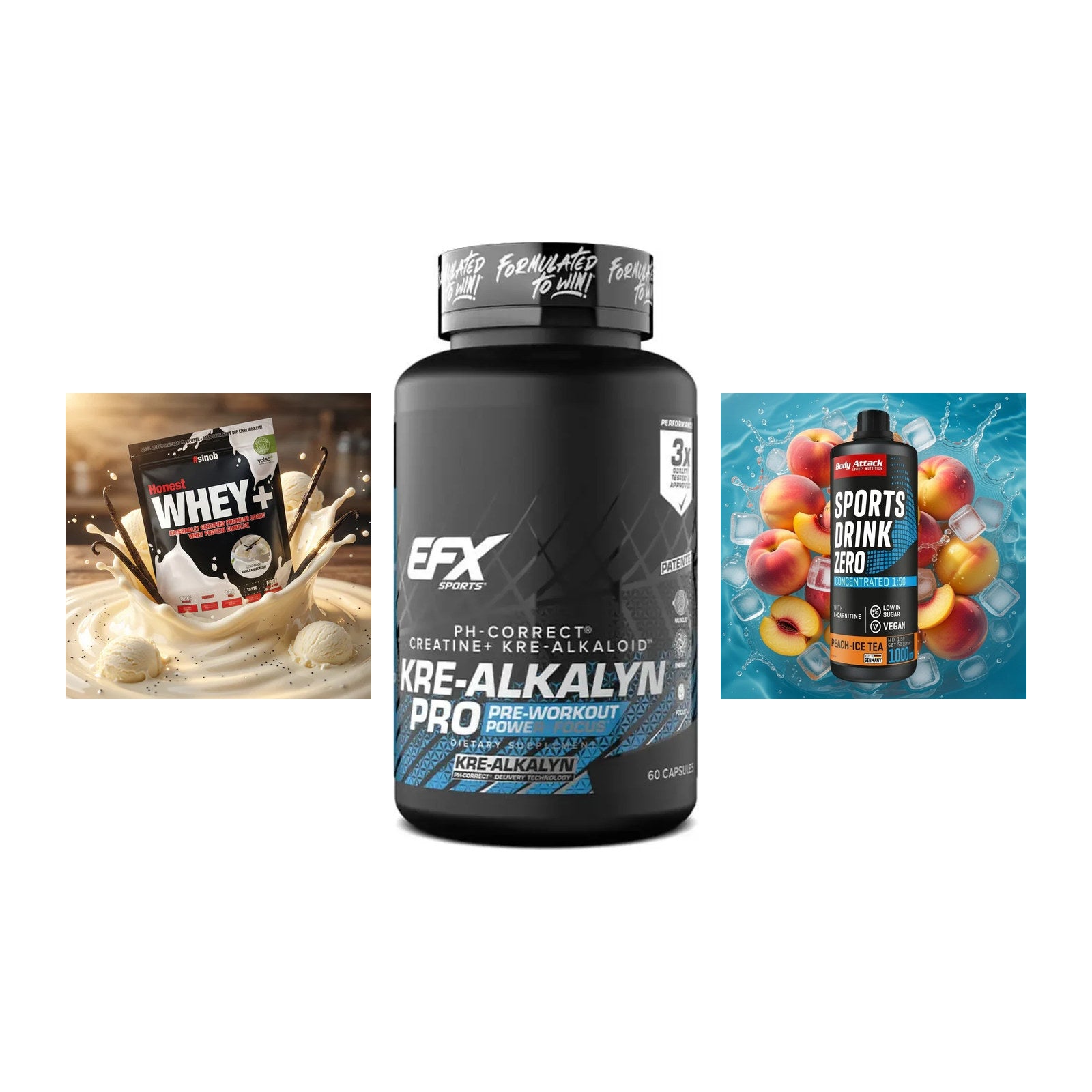 Einsteiger-Set: Sinob Honest + EFX Kre-Alkalyn + Body Attack – alle enthaltenen Artikel
