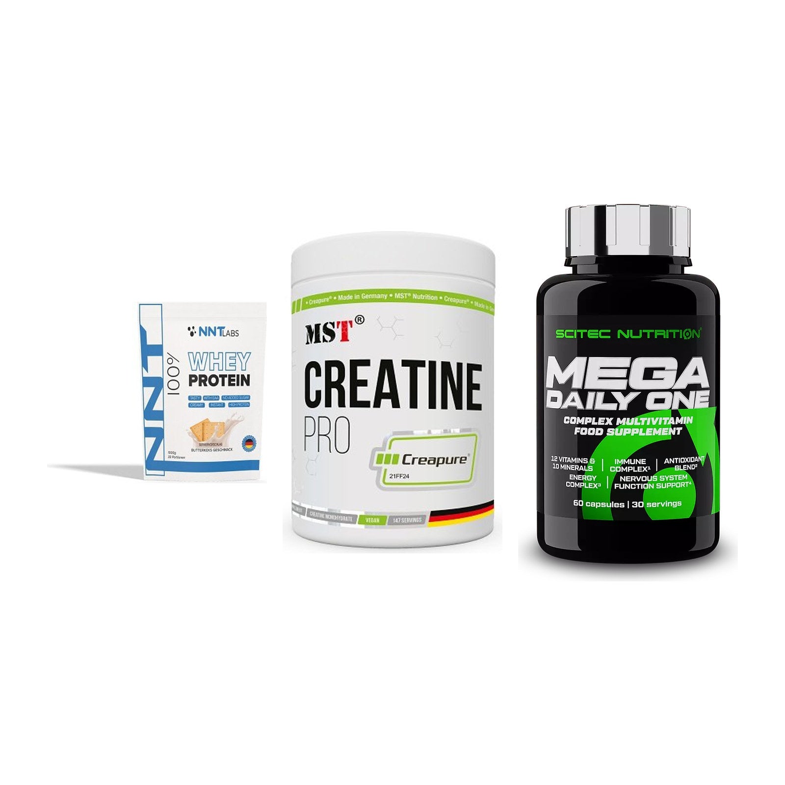 Einsteiger-Set: NNT Whey + MST Creatin Pro + Scitec Mega – alle enthaltenen Artikel