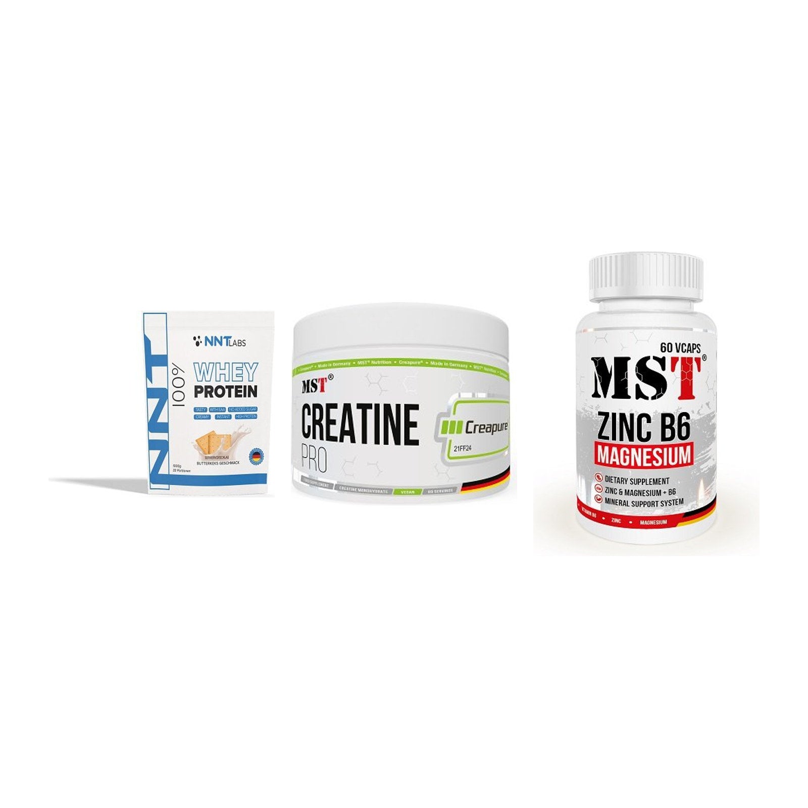 Einsteiger-Set: NNT Whey + MST Creatin Pro + MST Zinc – alle enthaltenen Artikel