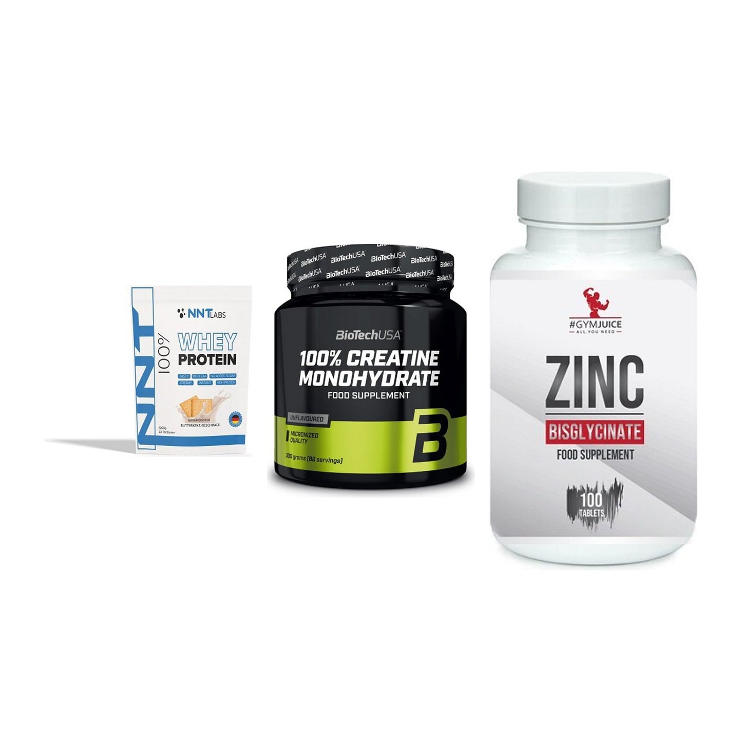 Einsteiger-Set: NNT Whey + BioTech Creatine + #GYMJUICE ZINC – alle enthaltenen Artikel