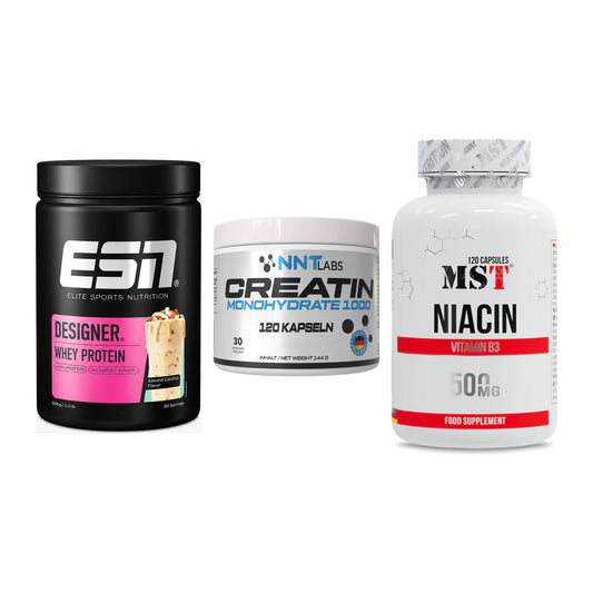 Einsteiger-Set: ESN Designer Whey + NNT Creatin 1000 mg + MST Niacin – alle enthaltenen Artikel