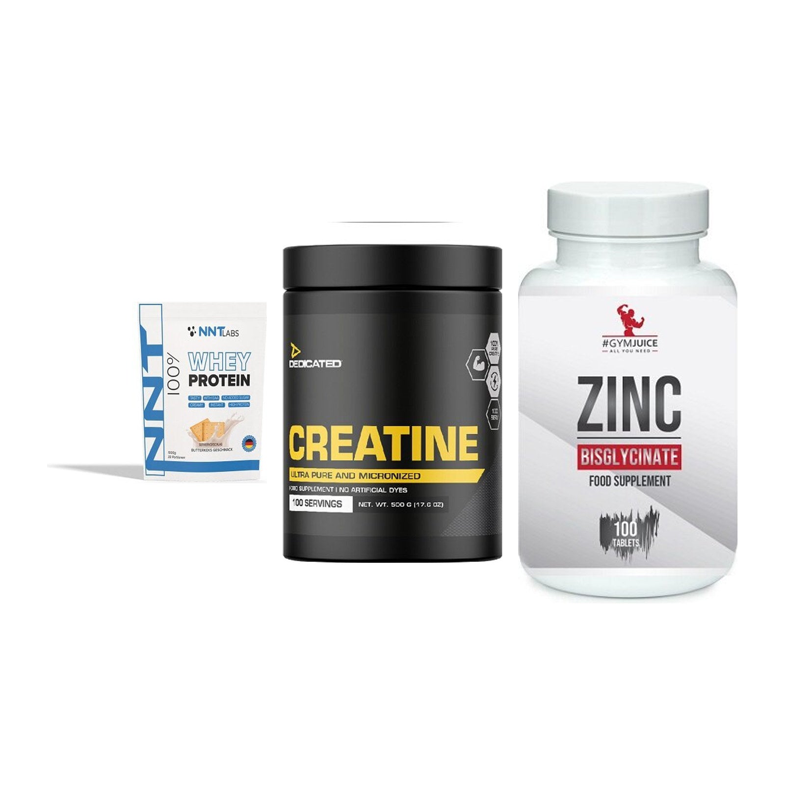 Einsteiger-Set: NNT Whey + Dedicated + #GYMJUICE ZINC – alle enthaltenen Artikel