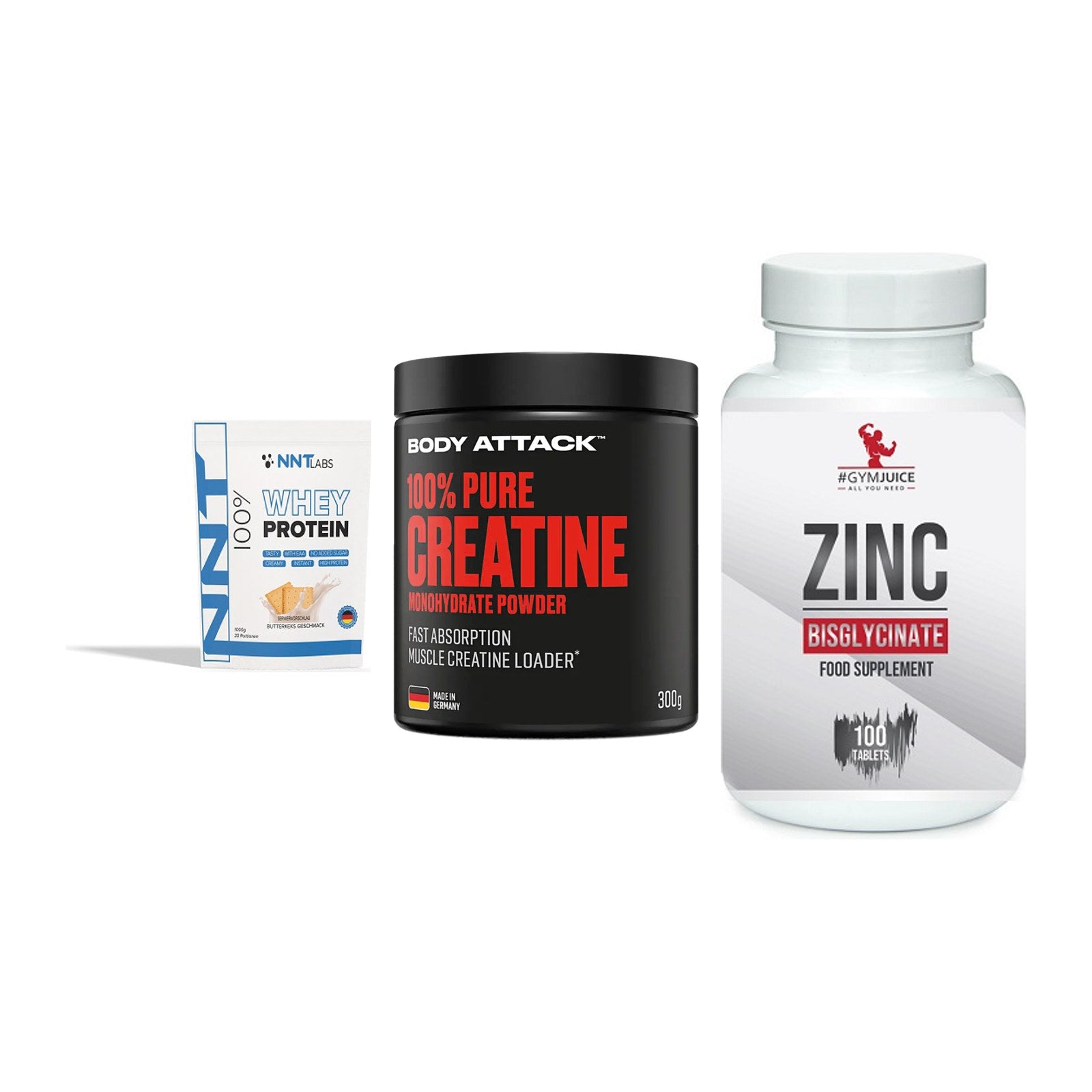 Einsteiger-Set: NNT Whey + Body Attack 100% + #GYMJUICE ZINC – alle enthaltenen Artikel