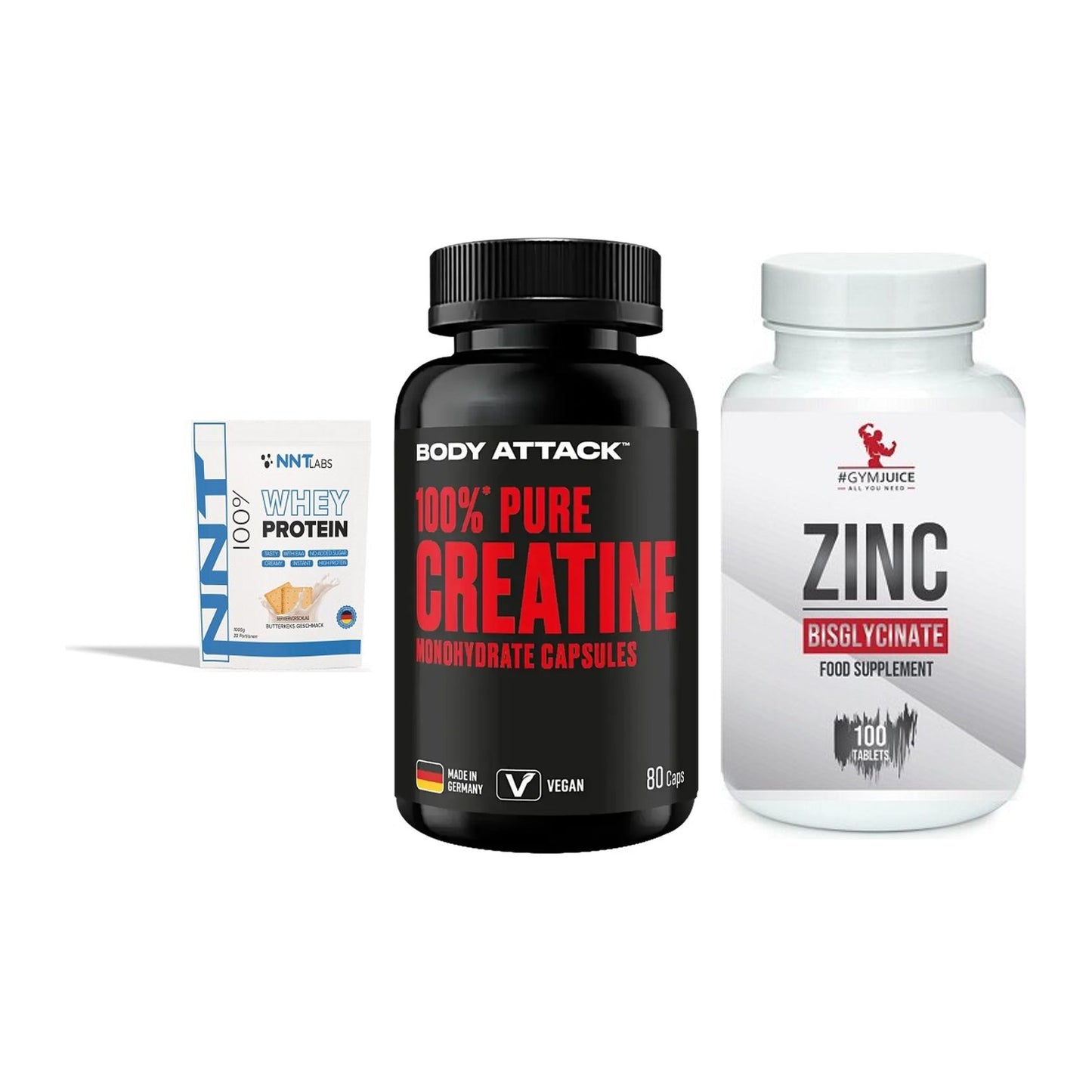 Einsteiger-Set: NNT Whey + Body Attack 100% + #GYMJUICE ZINC – alle enthaltenen Artikel
