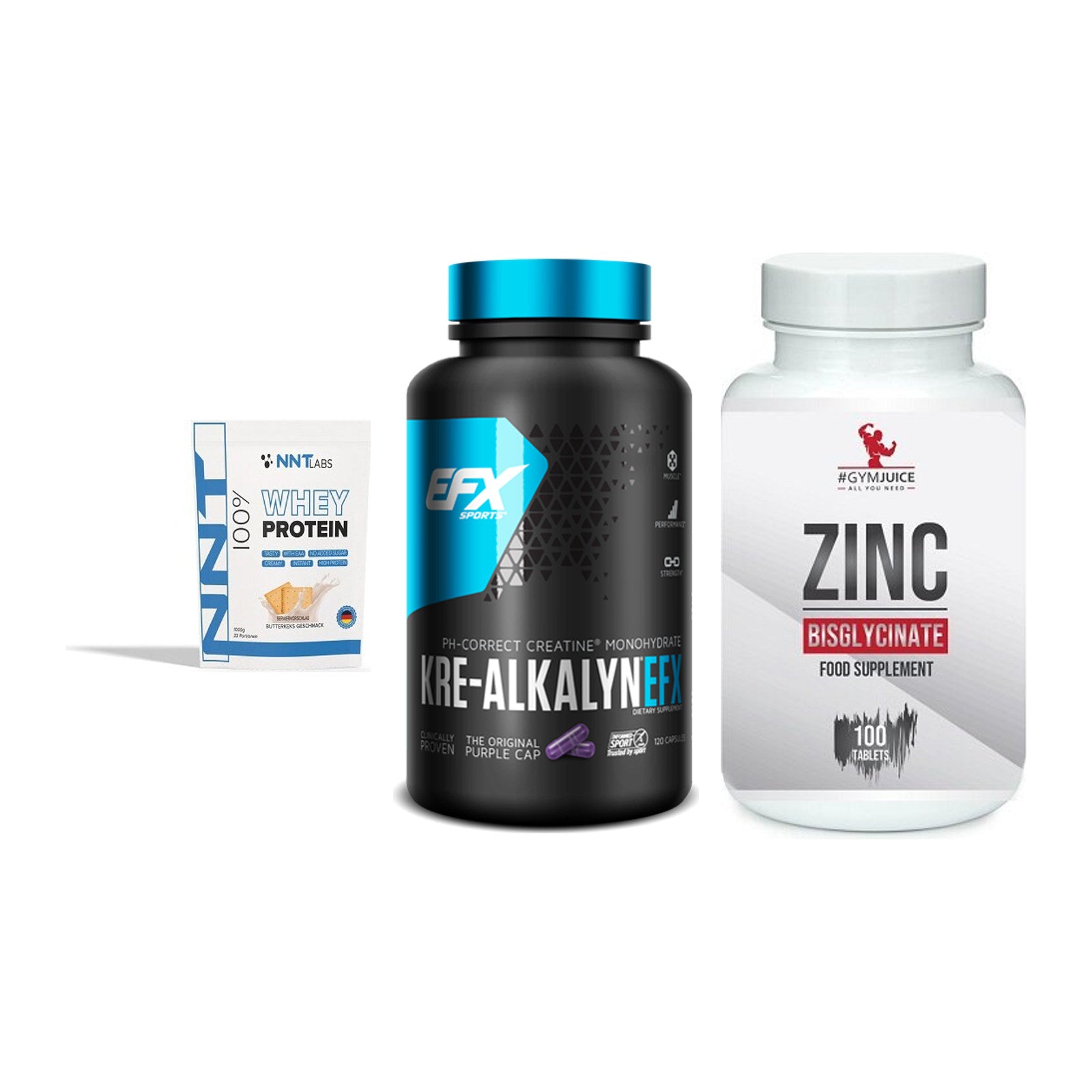 Einsteiger-Set: NNT Whey + EFX Kre-Alkalyn + #GYMJUICE ZINC – alle enthaltenen Artikel
