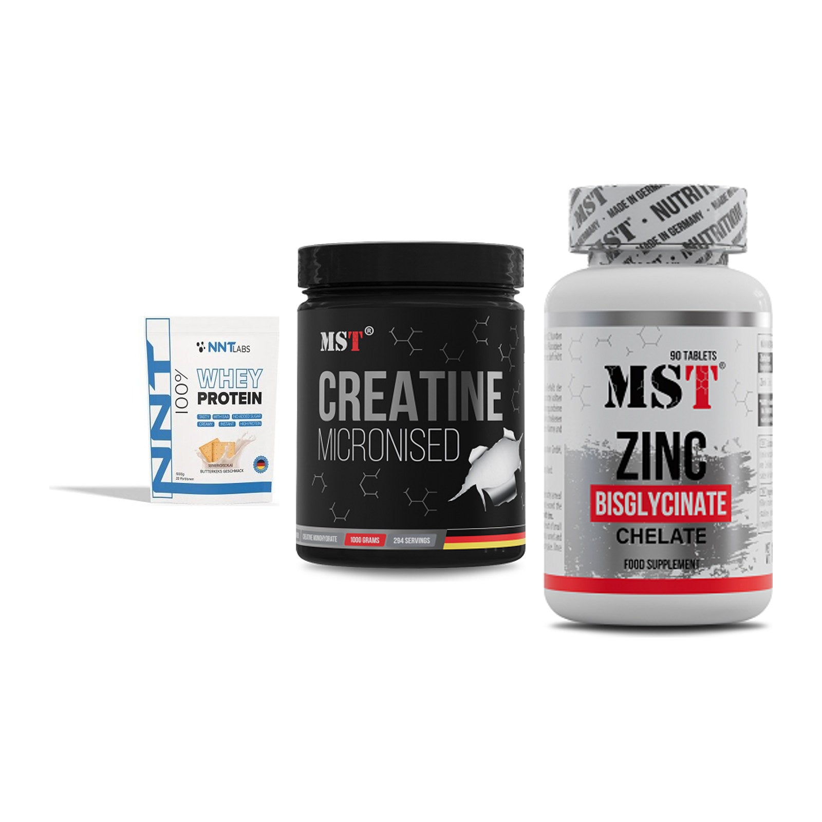 Einsteiger-Set: NNT Whey + MST Creatin + MST Zinc Chelate – alle enthaltenen Artikel