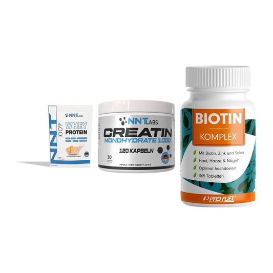 Einsteiger-Set: NNT Whey + NNT Creatin 1000 + ProFuel BIOTIN – alle enthaltenen Artikel