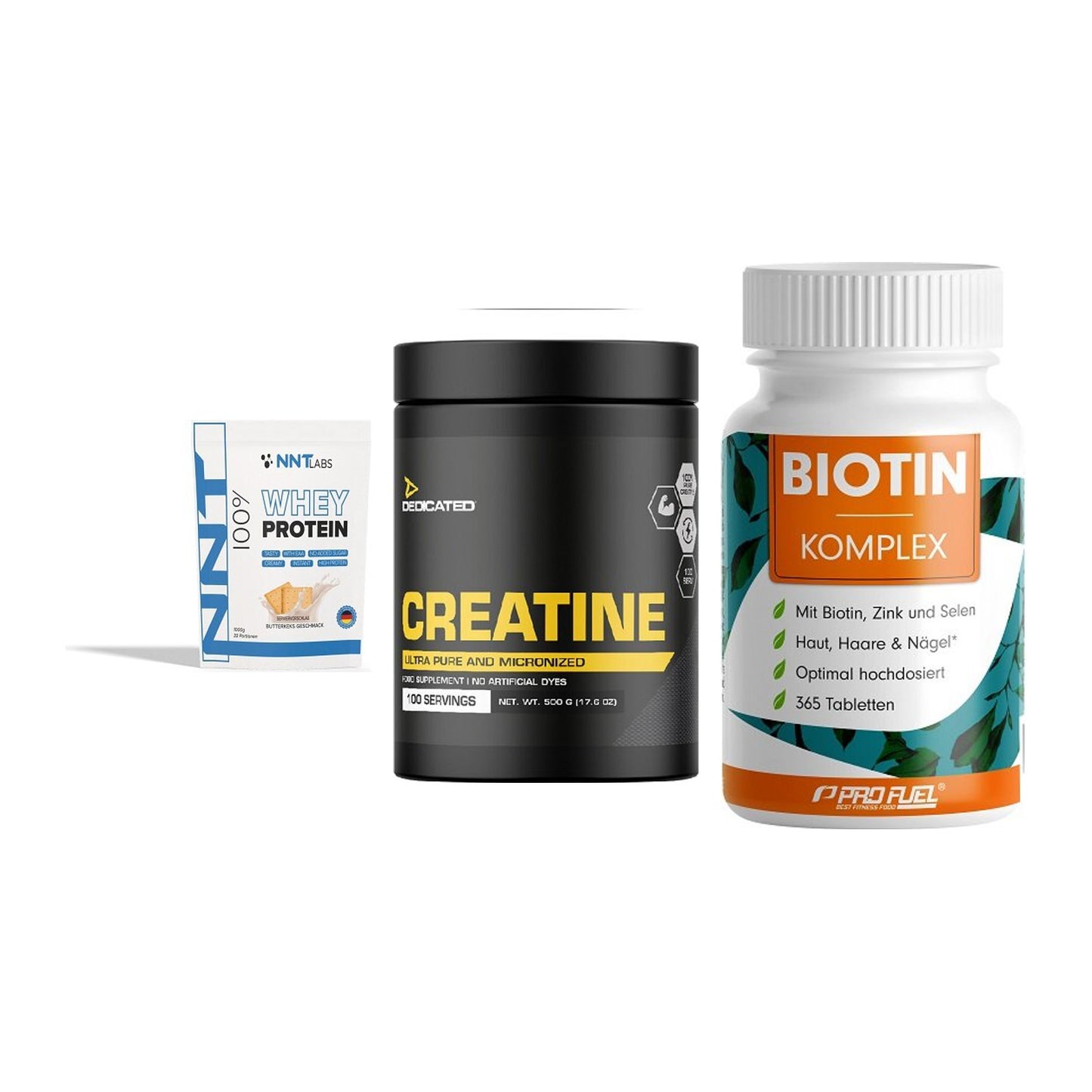 Einsteiger-Set: NNT Whey + Dedicated Creatine + ProFuel BIOTIN Komplex – alle enthaltenen Artikel