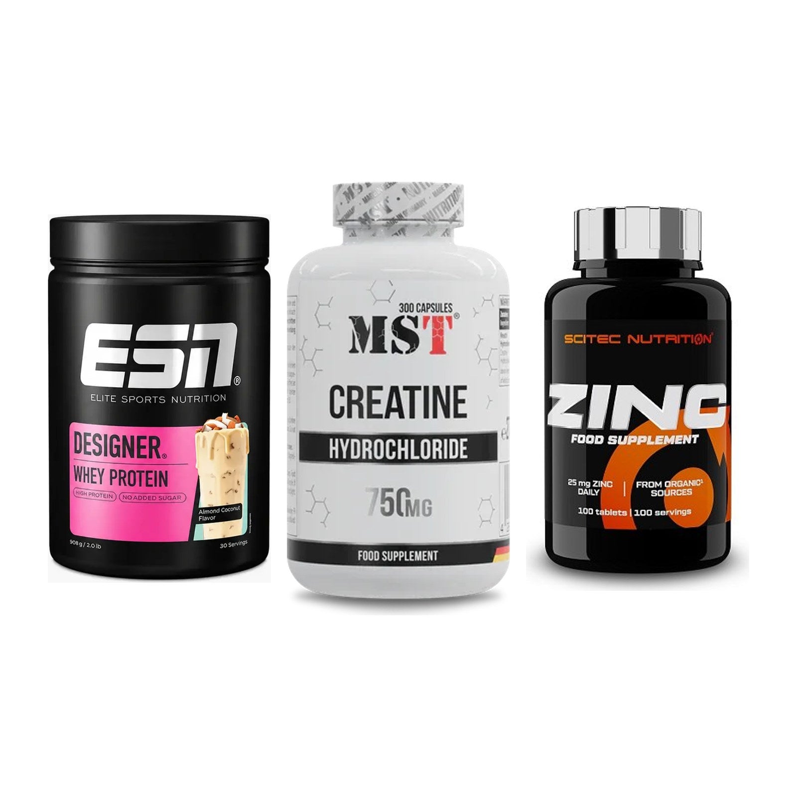Einsteiger-Set: ESN Designer Whey + MST Creatine HCL + Scitec Zinc – alle enthaltenen Artikel