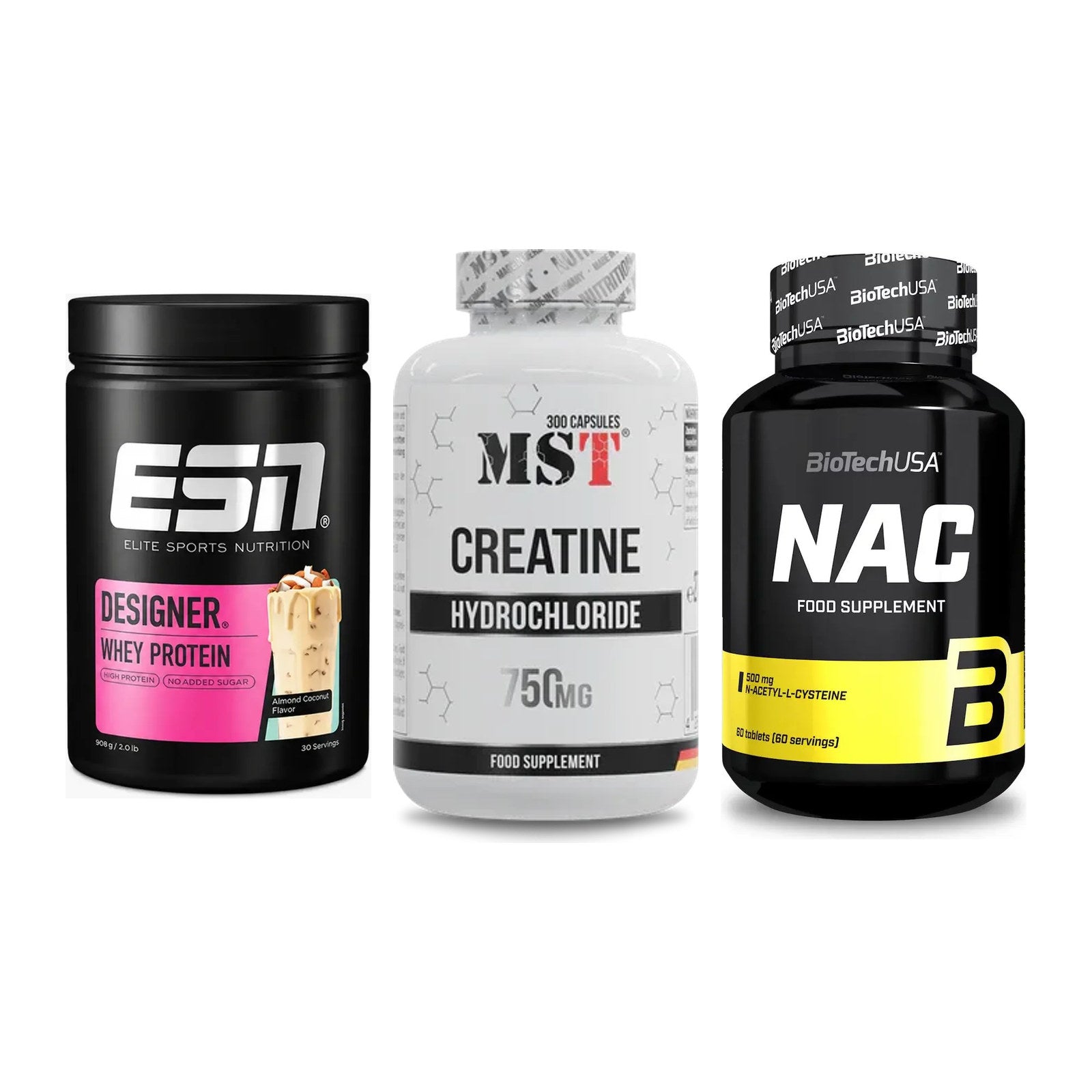 Einsteiger-Set: ESN Designer Whey + MST Creatine HCL + BioTech NAC – alle enthaltenen Artikel