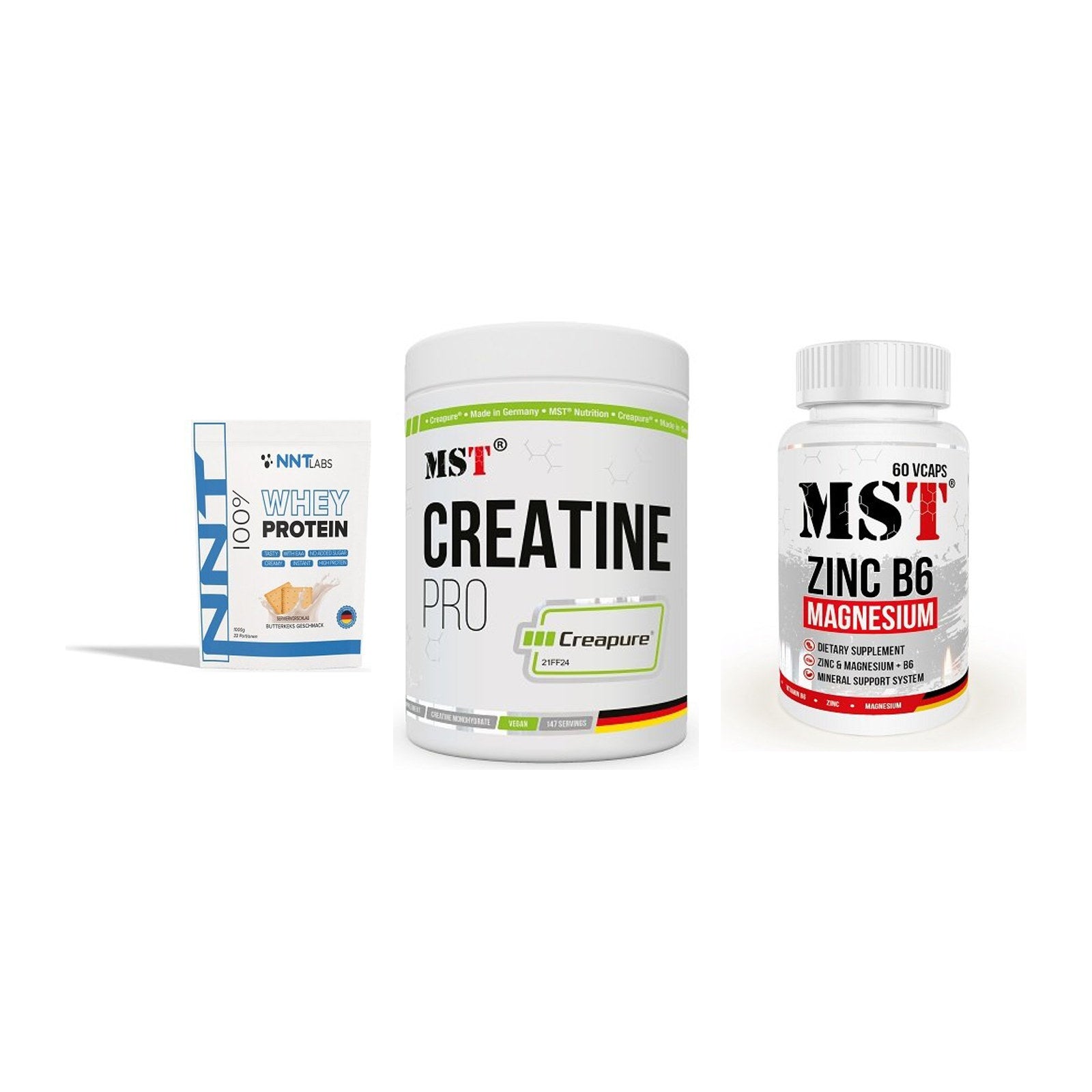 Einsteiger-Set: NNT Whey + MST Creatin Pro + MST Zinc – alle enthaltenen Artikel