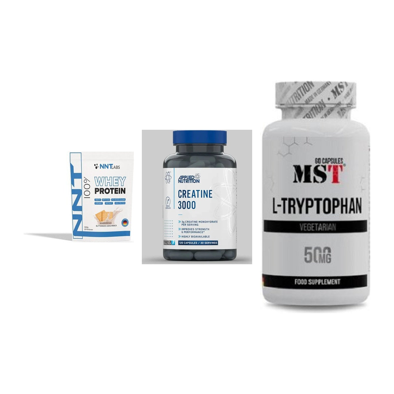 Einsteiger-Set: NNT Whey + Applied Nutritio + MST Tryptophan – alle enthaltenen Artikel