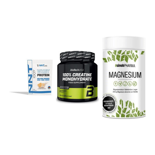 Einsteiger-Set: NNT Whey + BioTech Creatine + Sinob Magnesium – alle enthaltenen Artikel