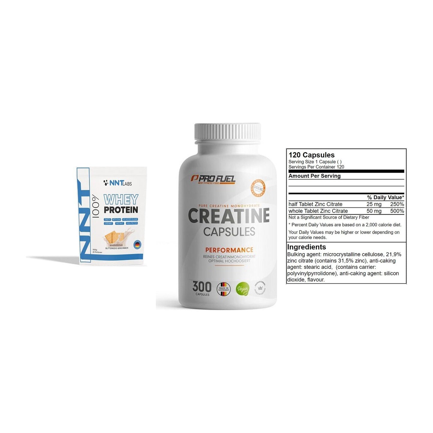 Einsteiger-Set: NNT Whey + ProFuel Creatine + GN Zinc Citrate – alle enthaltenen Artikel