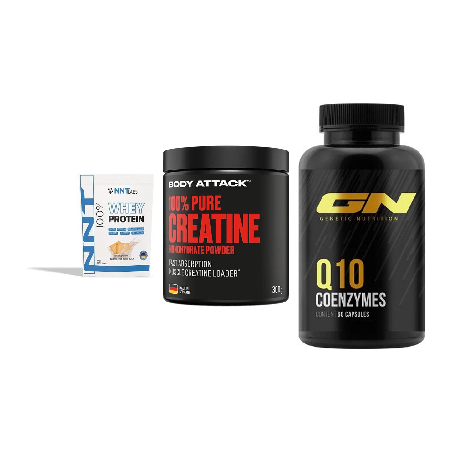 Einsteiger-Set: NNT Whey + Body Attack 100% + GN Q10 Health – alle enthaltenen Artikel