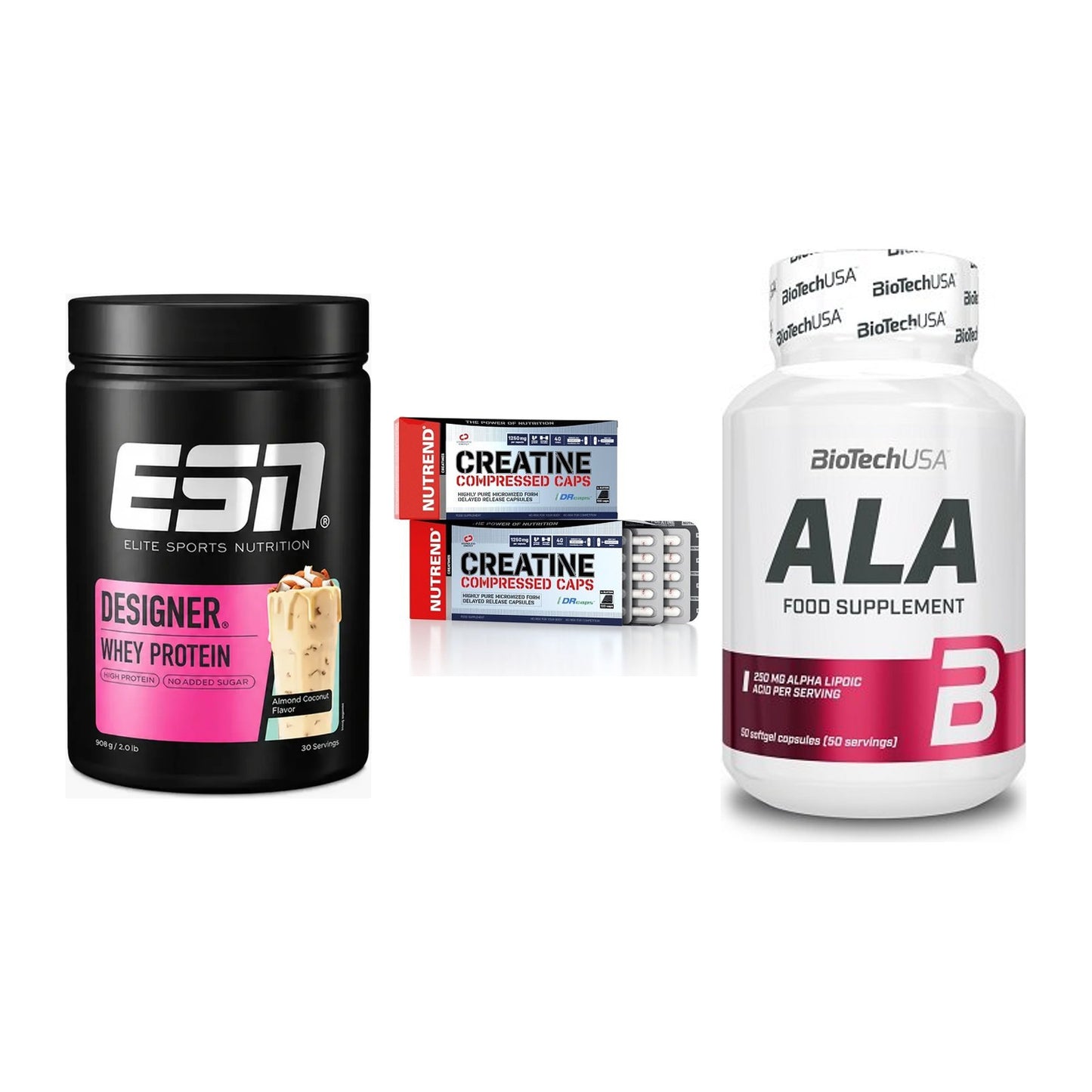 Einsteiger-Set: ESN Designer + Nutrend Creatine + BioTech ALA – alle enthaltenen Artikel