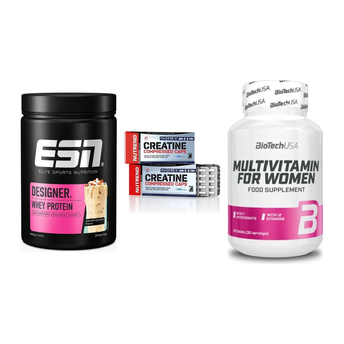 Einsteiger-Set: ESN Designer + Nutrend Creatine + BioTech Multivit – alle enthaltenen Artikel