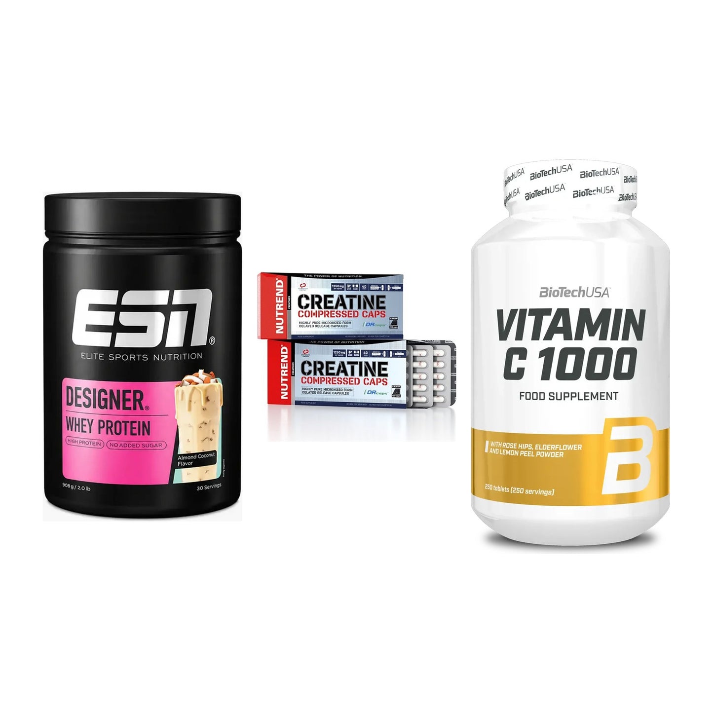 Einsteiger-Set: ESN Designer + Nutrend Creatine + BioTech Vitamin – alle enthaltenen Artikel