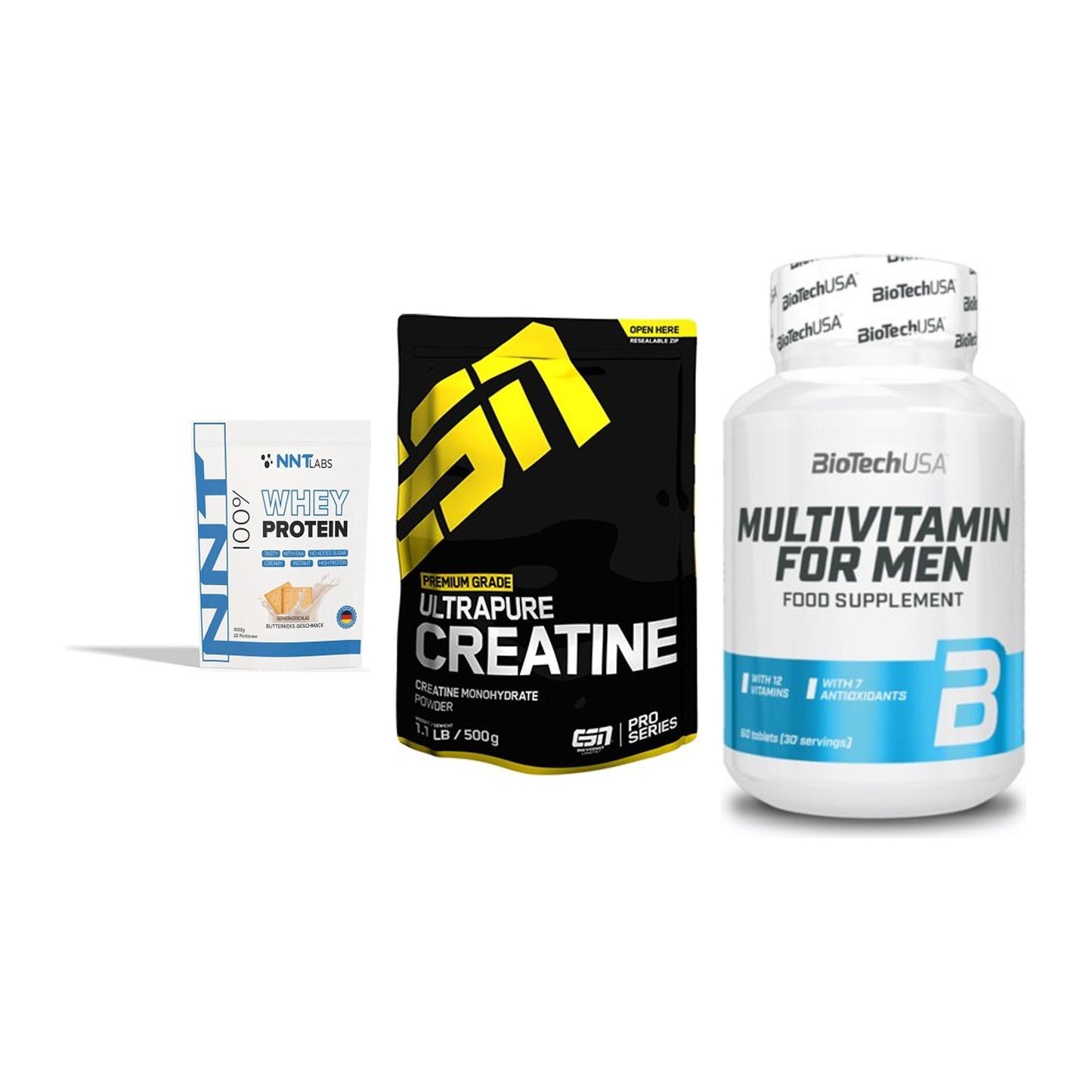 Einsteiger-Set: NNT Whey + ESN Ultrapure + BioTech Multivit – alle enthaltenen Artikel