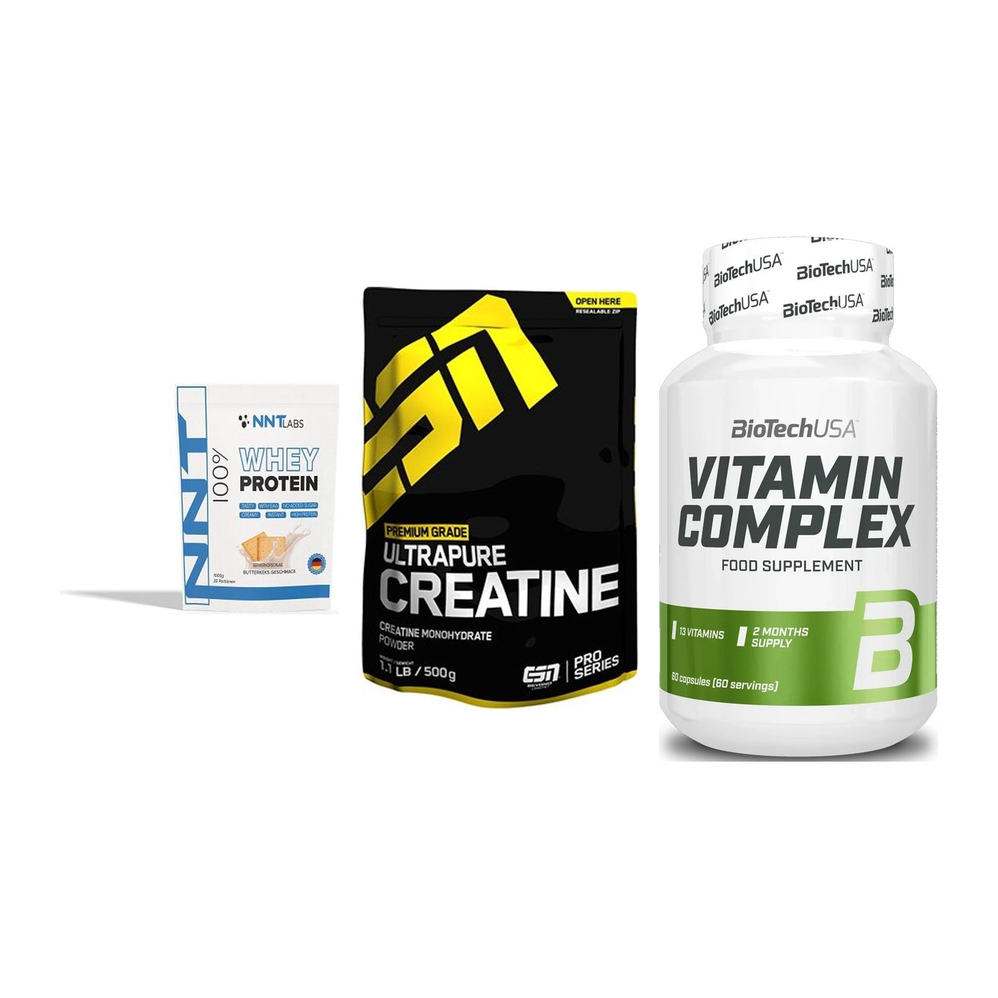 Einsteiger-Set: NNT Whey + ESN Ultrapure + BioTech Vitamin – alle enthaltenen Artikel