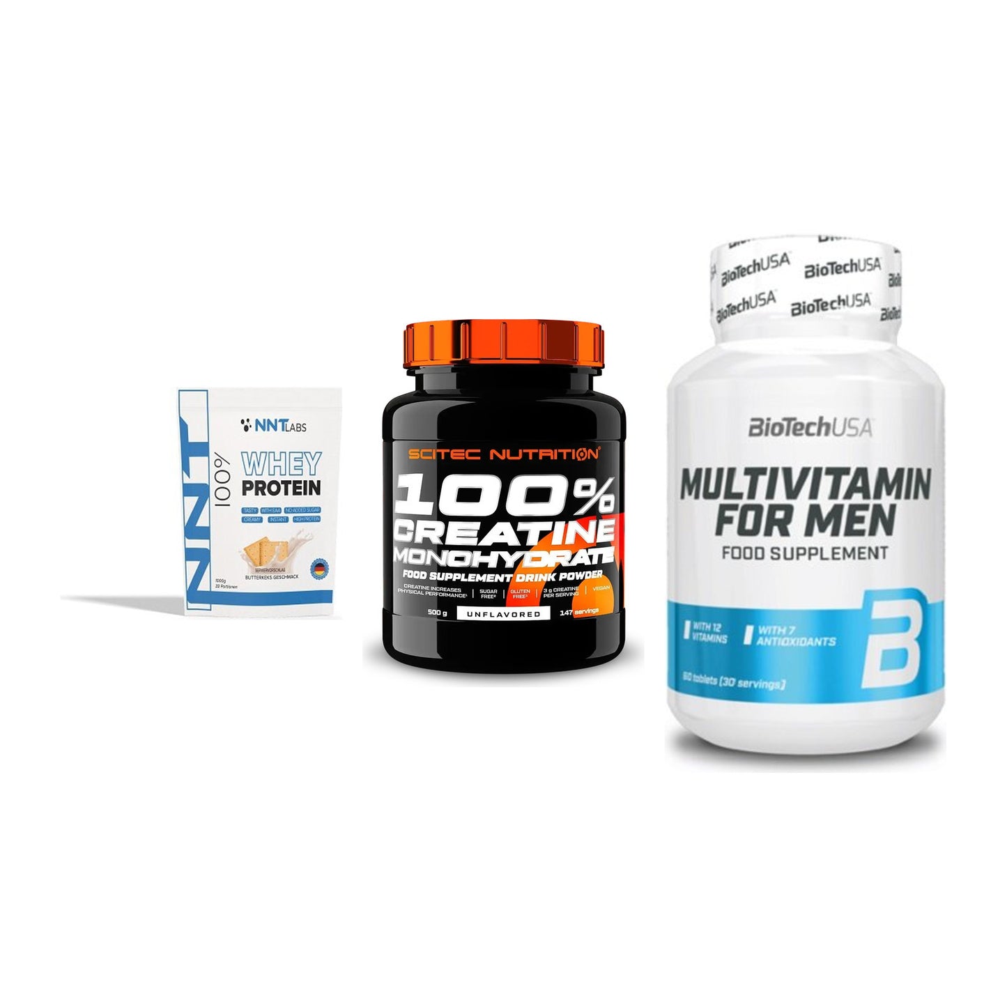 Einsteiger-Set: NNT Whey + Scitec Creatine + BioTech Multivit – alle enthaltenen Artikel