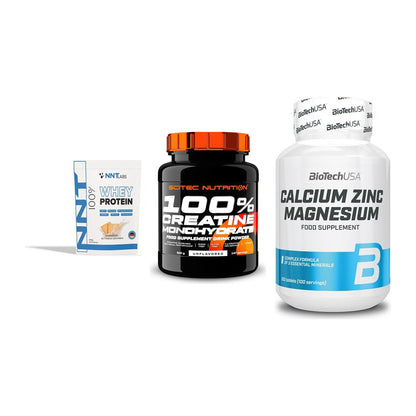 Einsteiger-Set: NNT Whey + Scitec Creatine + BioTech Calcium – alle enthaltenen Artikel