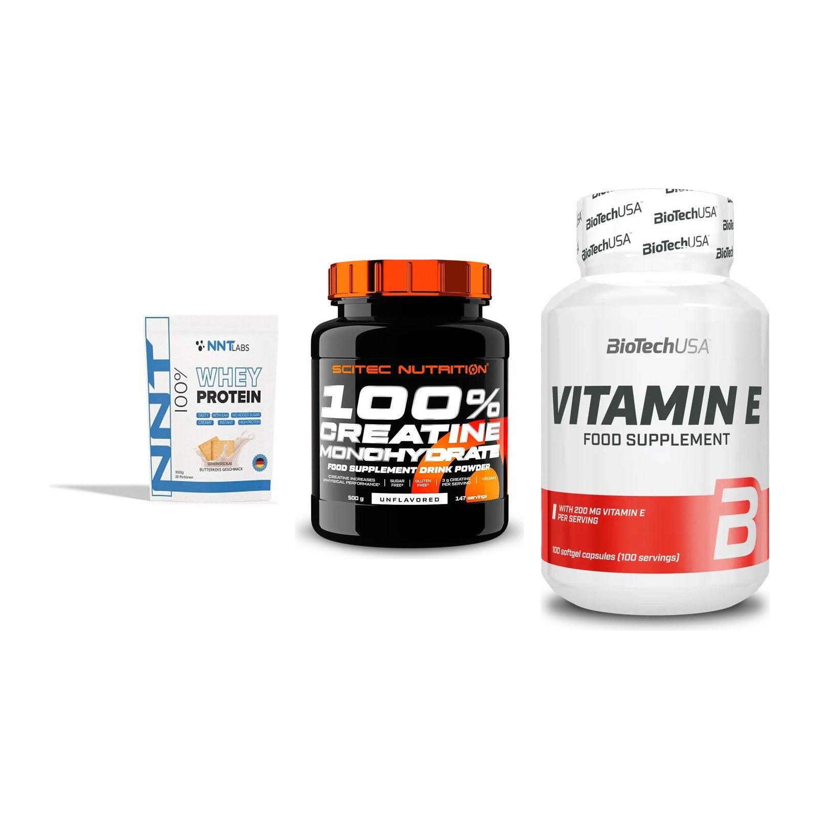 Einsteiger-Set: NNT Whey + Scitec Creatine + BioTech Vitamin – alle enthaltenen Artikel
