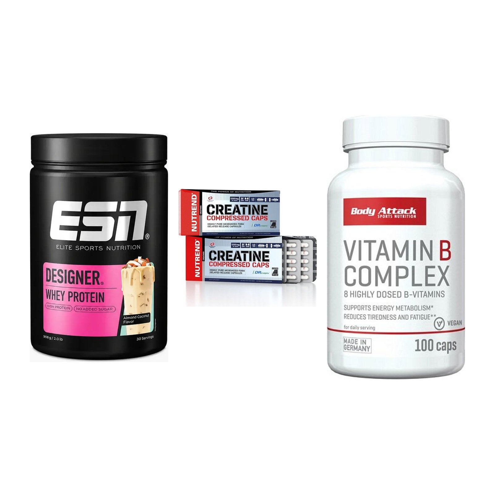 Einsteiger-Set: ESN Designer + Nutrend Creatine + Body Attack – alle enthaltenen Artikel