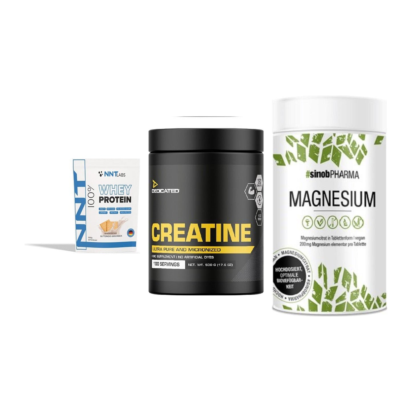 Einsteiger-Set: NNT Whey + Dedicated Creatine + Sinob Magnesium Citrat – alle enthaltenen Artikel