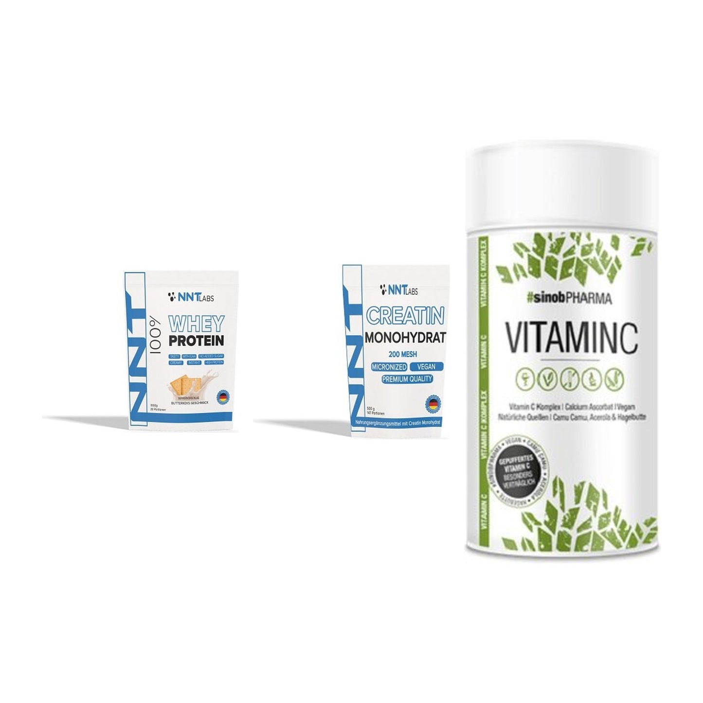 Einsteiger-Set: NNT Whey + NNT Creatin Monohydrat + Sinob Vitamin C – alle enthaltenen Artikel