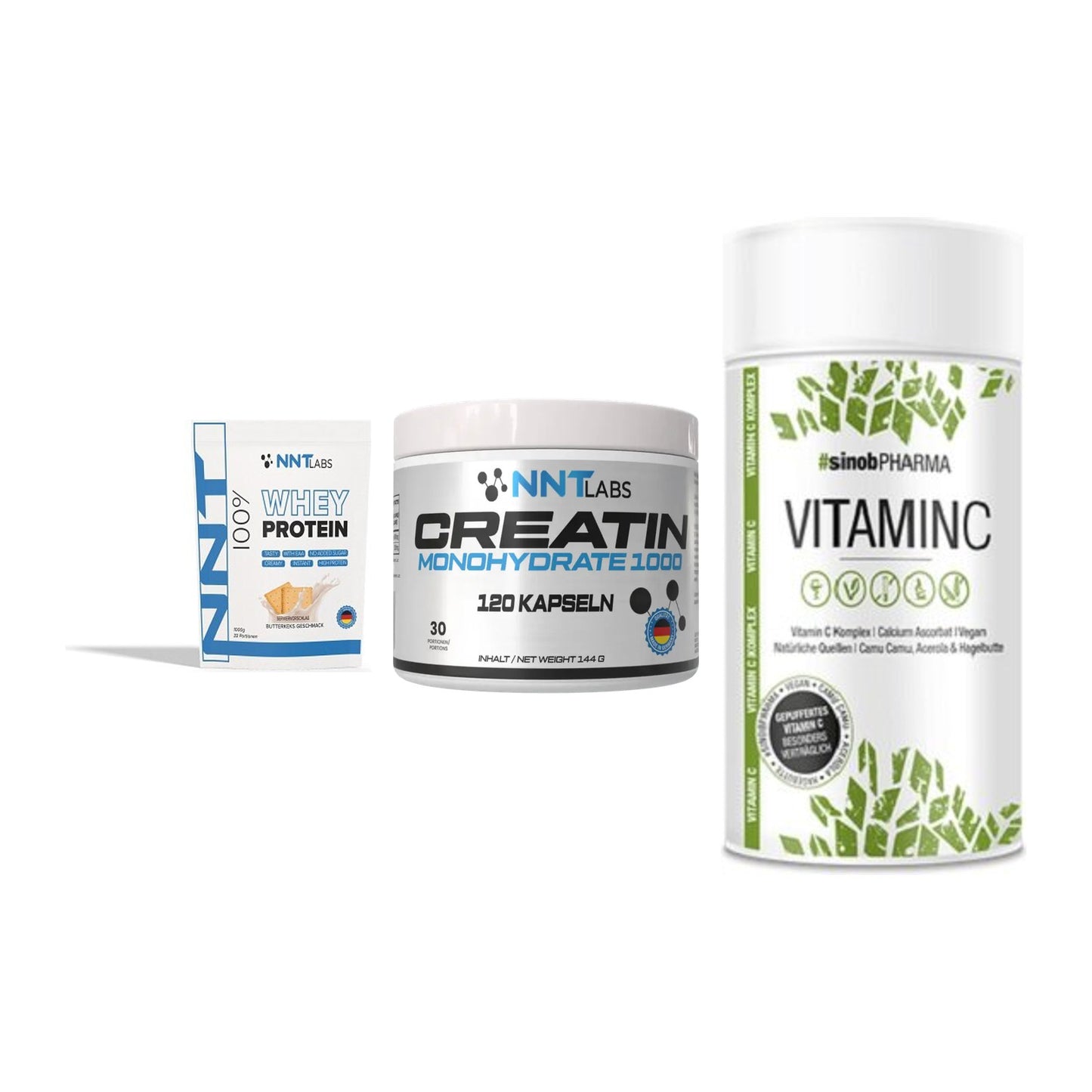 Einsteiger-Set: NNT Whey + NNT Creatin 1000 mg + Sinob Vitamin C – alle enthaltenen Artikel