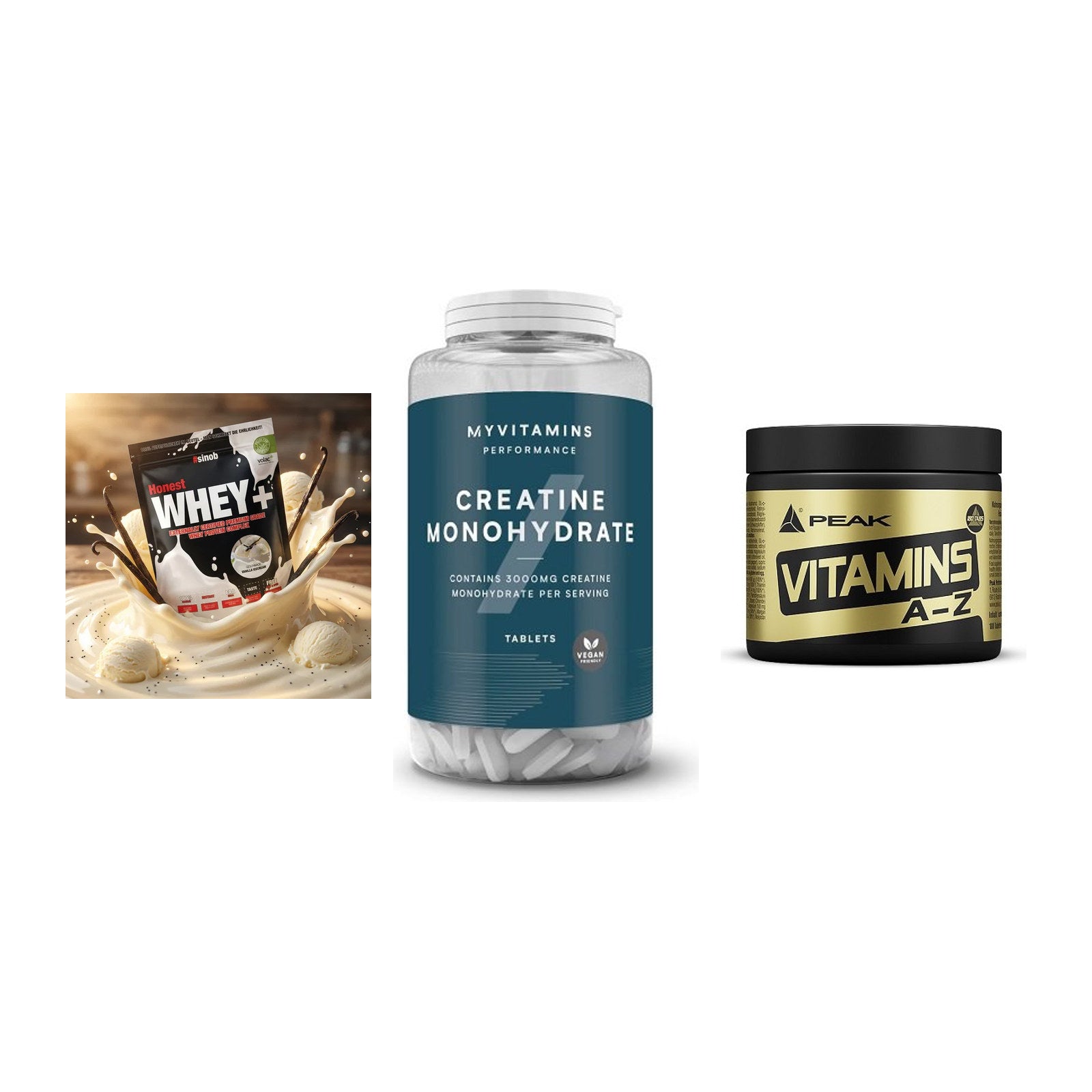 Einsteiger-Set: Sinob Honest + MyProtein + Peak Vitamin A-Z – alle enthaltenen Artikel