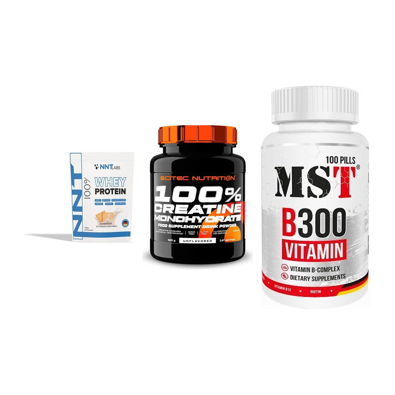 Einsteiger-Set: NNT Whey + Scitec Creatine + MST B300 B-Compl – alle enthaltenen Artikel
