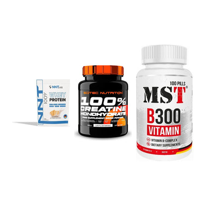 Einsteiger-Set: NNT Whey + Scitec Creatine + MST B300 B-Compl – alle enthaltenen Artikel