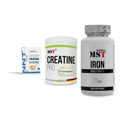 Einsteiger-Set: NNT Whey + MST Creatin Pro + MST Iron Bisglyc – alle enthaltenen Artikel
