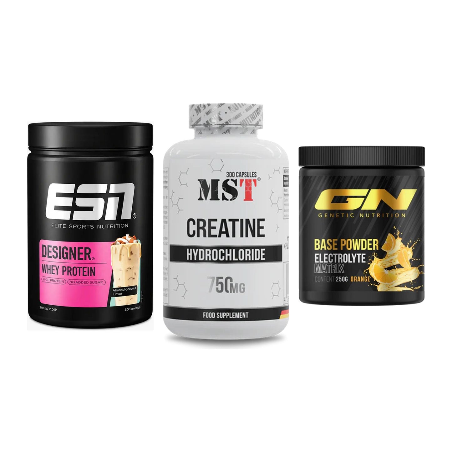 Einsteiger-Set: ESN Designer Whey + MST Creatine HCL + GN Base Powder – alle enthaltenen Artikel