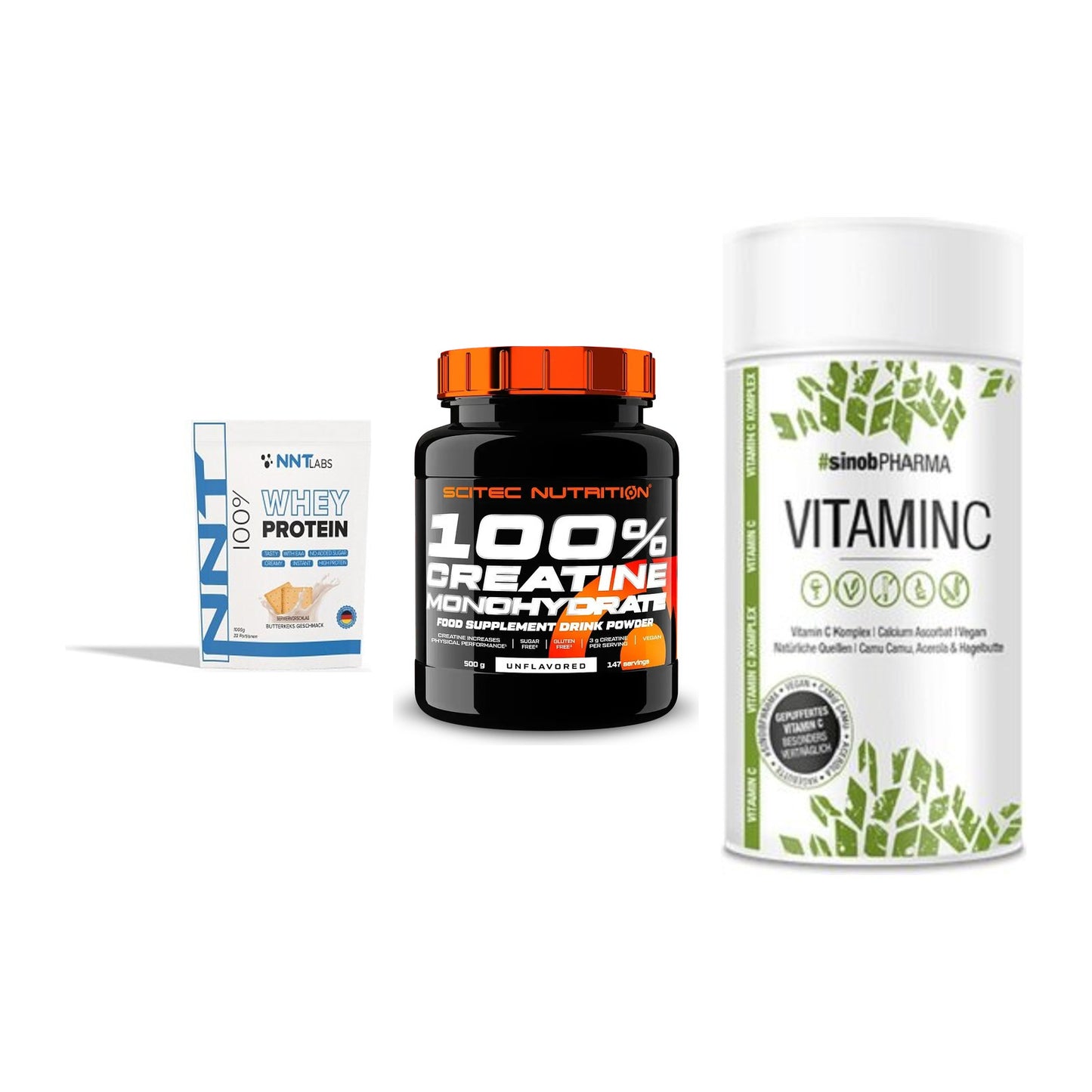 Einsteiger-Set: NNT Whey + Scitec Creatine + Sinob Vitamin C – alle enthaltenen Artikel