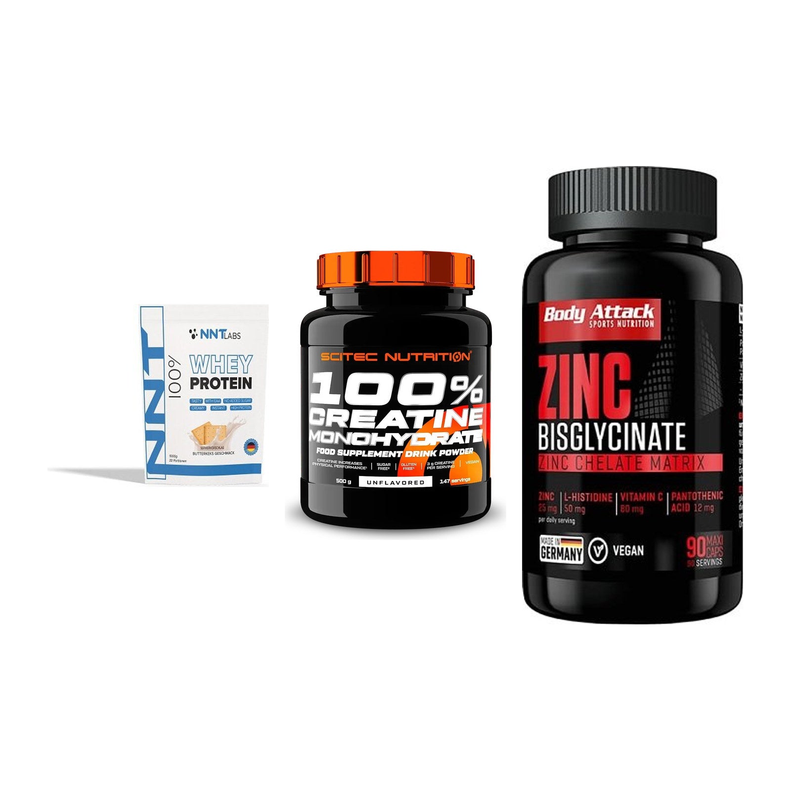 Einsteiger-Set: NNT Whey + Scitec Creatine + Body Attack Zink – alle enthaltenen Artikel