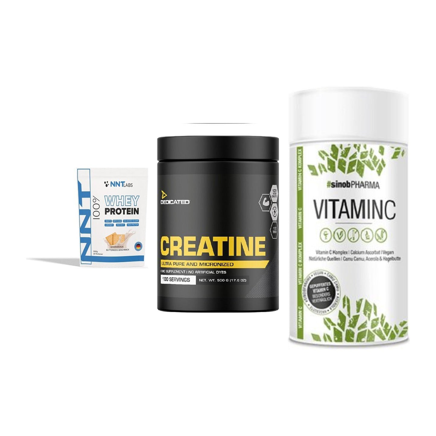 Einsteiger-Set: NNT Whey + Dedicated Creatine + Sinob Vitamin C – alle enthaltenen Artikel