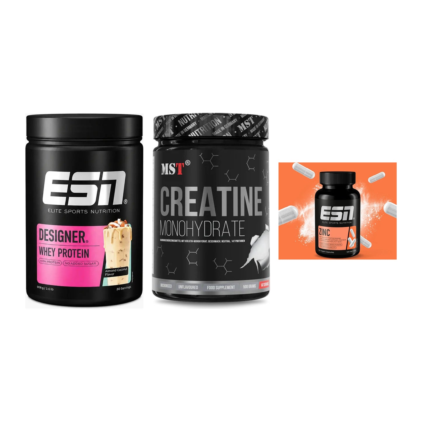 Einsteiger-Set: ESN Designer Whey + MST Creatin Monohydrate + ESN Zinc – alle enthaltenen Artikel