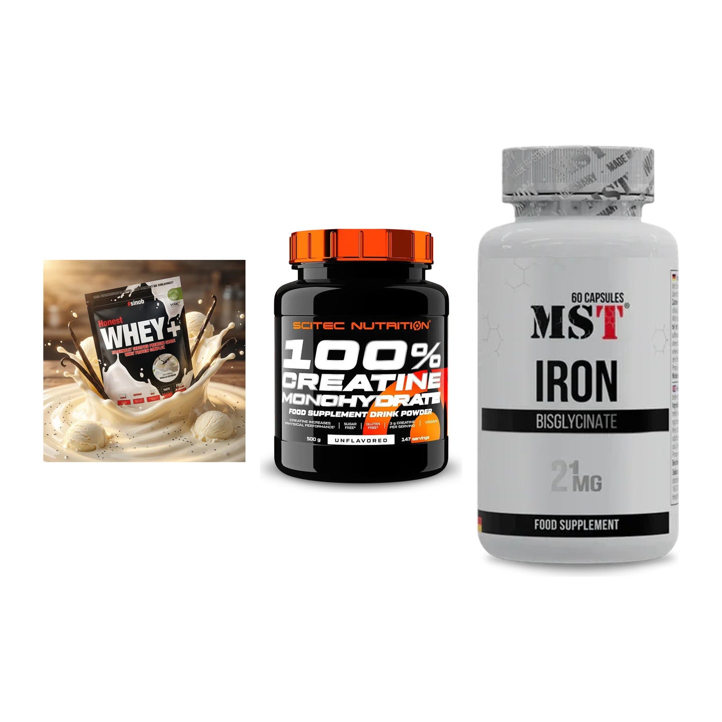 Einsteiger-Set: Sinob Honest + Scitec Creatine + MST Iron Bisglyc – alle enthaltenen Artikel