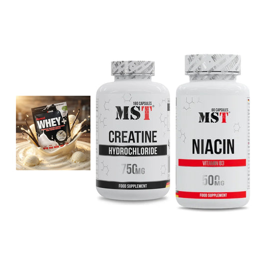 Einsteiger-Set: Sinob Honest Whey+ + MST Creatine HCL + MST Niacin – alle enthaltenen Artikel