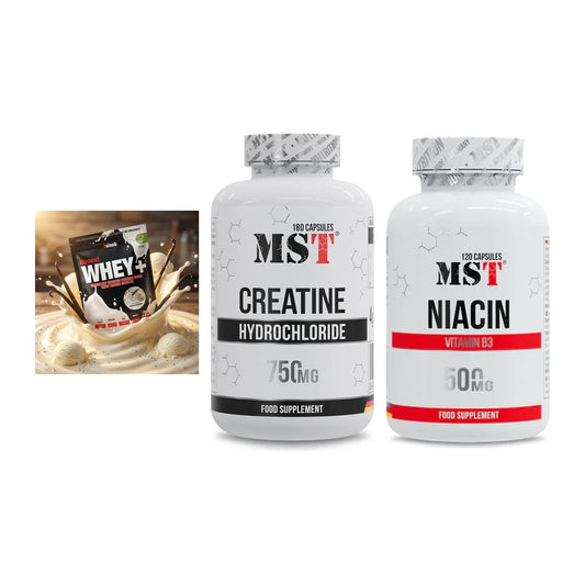 Einsteiger-Set: Sinob Honest Whey+ + MST Creatine HCL + MST Niacin – alle enthaltenen Artikel